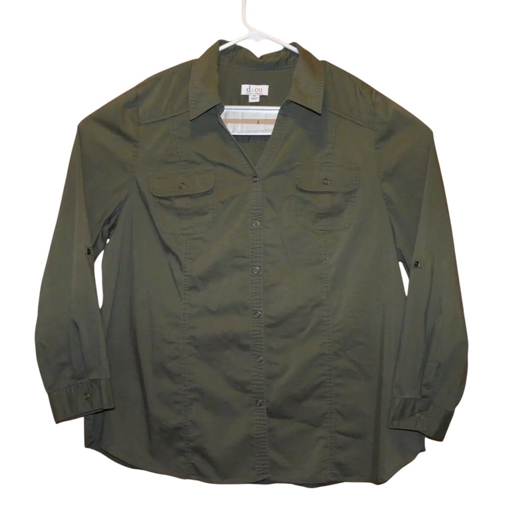 Denim & Company Shirt Top Womens XL Army‎ Green Snap Front Roll Tab Sleeves d&co